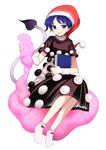  blob blue_eyes blue_hair blush book doremy_sweet dream_soul dress full_body hat kumadano looking_at_viewer nightcap open_mouth short_hair short_sleeves simple_background sitting smile socks solo tail tapir_tail touhou turtleneck white_background 