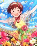  :d ^_^ ahoge artist_request blue_sky brown_hair bug butterfly closed_eyes cloud day flower flower_bed hair_flower hair_ornament idolmaster idolmaster_million_live! insect jpeg_artifacts kinoshita_hinata lens_flare official_art open_mouth petals short_hair sky smile solo 