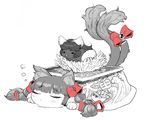  1girl animal_ears bird blush braid cat_ears cat_tail closed_eyes egg eyes_closed hair_ornament hair_ribbon kaenbyou_rin long_hair lying monochrome multiple_tails on_stomach reiuji_utsuho reiuji_utsuho_(bird) ribbon simple_background sleeping spot_color table tail tail_ribbon touhou twin_braids white_background yonaki 