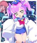  2girls :3 bags_under_eyes blue_background blue_dress blue_sailor_collar blue_skirt blush coat commentary_request dress feet_out_of_frame heart heart-shaped_pupils highres honeycomb_(pattern) honeycomb_background kirara_mami lab_coat lets0020 long_hair looking_at_viewer multiple_girls open_mouth pink_eyes pink_hair puniru_(puniru_wa_kawaii_slime) puniru_wa_kawaii_slime sailor_collar school_uniform serafuku shirt short_hair skirt sleeves_past_fingers sleeves_past_wrists slime_hair smile solo_focus symbol-shaped_pupils white_coat white_shirt yellow_eyes 