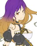  adapted_costume ascot back bare_shoulders breasts brown_hair dress eyelashes frilled_dress frills hijiri_byakuren large_breasts long_hair looking_at_viewer looking_back lowres purple_hair simple_background smile solo touhou yellow_eyes yuuzii 