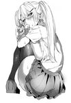  bad_id bad_pixiv_id blush food greyscale hair_ornament hairclip highres hohehohe looking_at_viewer monochrome original pleated_skirt popsicle simple_background sitting skirt solo sweat thighhighs twintails white_background 