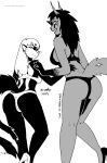 2023 anthro black_and_white black_clothing black_underwear bra butt clothed clothing duo ear_piercing ear_ring felid feline female hi_res kelly_o&#039;dor looking_at_another mammal mephitid monochrome piercing ring_piercing skunk smile tegerio thong touching_back touching_shoulder underwear underwear_only veronika_ozvezdje white_clothing white_underwear zandar&#039;s_saga