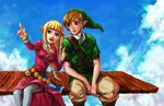  1girl aqua_eyes artist_name bangs blonde_hair blue_eyes blue_sky christina_gardner cloud day dress hair_tie hat link multiple_tails open_mouth pink_dress pointing pointy_ears princess_zelda signature sitting sky smile tail the_legend_of_zelda the_legend_of_zelda:_skyward_sword wrist_cuffs 