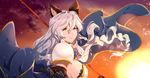  animal_ears armor breasts cape cloud erune granblue_fantasy heles laila_litta large_breasts long_hair pauldrons sideboob silver_hair smile solo sunset tied_hair wind yellow_eyes 