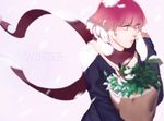  bangs blurry hot_pants_(sbr) jojo_no_kimyou_na_bouken light lingzideshuo looking_to_the_side pink_eyes pink_hair plant scarf short_hair snowflakes solo steel_ball_run upper_body 