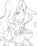  adapted_costume ascot back bare_shoulders breasts dress eyelashes frilled_dress frills greyscale hijiri_byakuren large_breasts lineart long_hair looking_at_viewer looking_back lowres monochrome purple_hair simple_background smile solo touhou yellow_eyes yuuzii 