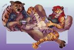 anthro blush canid canine canis clothed clothing darryl_(psyphix) domestic_dog duo exasperated felid feline female gaming hi_res knot knotting male male/female mammal nintendo nintendo_64 pantherine partially_clothed playing_video_game serialdad stuck_knot tiger twitching_tail