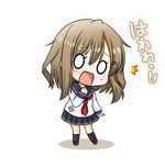  1girl april_fools brown_hair cosplay hair_ornament hairclip ikazuchi_(kantai_collection) ikazuchi_(kantai_collection)_(cosplay) inazuma_(kantai_collection) kadose_ara kantai_collection kneehighs lowres neckerchief open_mouth red_neckwear school_uniform serafuku short_hair skirt solid_oval_eyes solo translated wavy_mouth 