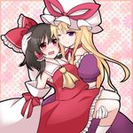  black_hair blonde_hair blush carrying detached_sleeves gloves hair_ribbon hair_tubes hakurei_reimu hand_on_another's_head hat highres multiple_girls one_eye_closed open_mouth princess_carry purple_eyes red_eyes ribbon shiohachi smile sweat touhou yakumo_yukari yuri 