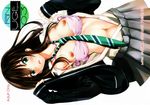  bra bra_pull breasts brown_hair cardigan green_eyes highres idolmaster idolmaster_cinderella_girls loose_necktie medium_breasts navel necktie nipples open_cardigan open_clothes open_shirt shibuya_rin shirt solo striped striped_neckwear ugeppa underwear 