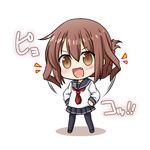  april_fools brown_eyes brown_hair cosplay expressive_hair fang folded_ponytail ikazuchi_(kantai_collection) inazuma_(kantai_collection) inazuma_(kantai_collection)_(cosplay) kadose_ara kantai_collection looking_at_viewer lowres neckerchief open_mouth pantyhose red_neckwear school_uniform serafuku skirt solo translated 