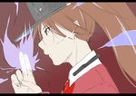  aura brown_eyes brown_hair commentary_request fingers fingers_together hat jacket kantai_collection magatama niwatazumi red_jacket ryuujou_(kantai_collection) solo summoning 
