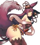  animal_ears ass bangs bare_shoulders bell between_thighs blunt_bangs boots bottomless breasts erune fox_ears fox_tail fur_trim granblue_fantasy hair_bell hair_ornament holding holding_sword holding_weapon large_breasts leaning_forward long_hair looking_at_viewer looking_down midriff mogu_(kanikama_mgmg) purple_hair red_eyes simple_background solo sword tail thigh_boots thighhighs very_long_hair weapon white_background yuel_(granblue_fantasy) 