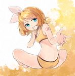  alternate_costume ass bangs barefoot blonde_hair blue_eyes bow finger_to_mouth full_body furukawa_itsuse grin hair_bow hair_ribbon hairband index_finger_raised indian_style kagamine_rin looking_at_viewer midriff number outstretched_hand ribbon short_hair shushing sitting sleeveless smile solo swept_bangs tattoo vocaloid white_bow 