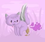 2018 all_fours ambiguous_gender black_eyes blush blush_stickers crouching fart fart_cloud fart_fetish feces feces_on_ground feral fur grey_body grey_fur hair jubb looking_back mammal mephitid pooping pooping_on_floor purple_body purple_fart_cloud purple_fur purple_hair raised_tail signature skunk solo tail wavy_mouth white_striped_fur