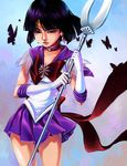  bishoujo_senshi_sailor_moon bow brown_bow bug butterfly choker christina_gardner circlet earrings elbow_gloves glaive gloves highres holding holding_spear holding_weapon insect jewelry looking_down miniskirt pleated_skirt polearm purple_eyes purple_hair purple_sailor_collar purple_skirt ribbon sailor_collar sailor_saturn sailor_senshi_uniform short_hair silence_glaive skirt solo spear star star_choker tomoe_hotaru weapon white_gloves 