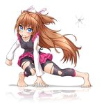 barefoot blue_eyes brown_hair casual clenched_teeth dodging hair_ribbon highres houjou_hibiki kanichiri long_hair precure ribbon solo suite_precure teeth torn_clothes two_side_up 