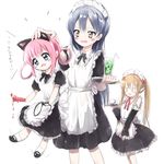  animal_ears black_hair blue_eyes blush brown_eyes brown_hair candle crossover cup detached_sleeves drinking_glass drinking_straw fake_animal_ears hair_rings head_grab lifting long_hair love_live! love_live!_school_idol_project maid maid_headdress mimori_suzuko multiple_crossover multiple_girls myucel_foalan open_mouth outbreak_company pink_hair pointy_ears seiyuu_connection sherlock_shellingford sonoda_umi tantei_opera_milky_holmes translation_request tray whip yoshi@highland 