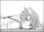  black_border border desk extra greyscale mahou_shoujo_madoka_magica monochrome oda_takayuki school_desk school_uniform short_hair solo 