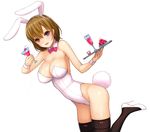  animal_ears asahashi_tsuyu bad_id bad_pixiv_id breasts brown_hair bunny_ears bunny_girl bunny_tail bunnysuit cleavage cocktail_glass cup detached_collar drinking_glass large_breasts looking_at_viewer original purple_eyes short_hair smile solo tail thighhighs tray wrist_cuffs 