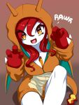  1girl alternate_color alternate_shiny_pokemon bottomless breasts brown_background charizard charizard_(cosplay) claw_pose collarbone colored_skin commentary cosplay english_commentary fake_tail fake_wings fang gardevoir hair_between_eyes hands_up happy highres hood hood_up hooded_sweater junjie-oyan knee_up large_breasts long_hair long_sleeves looking_at_viewer multicolored_skin open_mouth orange_eyes orange_sweater pokemon pokemon_(creature) red_hair red_skin sidelocks simple_background sitting skin_fang smile solo sweater tail tongue two-tone_skin white_skin wings 