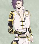  akashi_kuniyuki armor cosplay glasses japanese_armor male_focus monoyoshi_sadamune monoyoshi_sadamune_(cosplay) noah_(livas) purple_hair shoulder_armor smile sode solo suspenders sword touken_ranbu wakizashi weapon yellow_eyes 