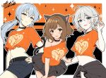  3girls ahoge anastasia_(idolmaster) animal_ears belt black_choker black_skirt blue_eyes blush breasts brown_eyes brown_hair cat_ears cat_tail choker closed_mouth collarbone cowboy_shot dot_nose eyelashes fake_animal_ears fake_tail green_eyes grey_hair hair_between_eyes highres idolmaster idolmaster_cinderella_girls long_bangs long_hair looking_at_viewer low_ponytail maekawa_miku medium_breasts midriff multiple_girls navel nyan_nyan_nyan_(idolmaster) off_shoulder open_mouth orange_shirt parted_bangs popon_ta shirt short_hair shorts sidelocks skirt smile t-shirt tail takamine_noa tongue tongue_out wavy_hair 