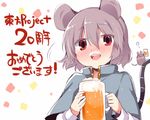  akagashi_hagane alcohol animal_ears beer beer_mug blush capelet copyright_name cup drunk foam_mustache full-face_blush grey_hair holding holding_cup long_sleeves looking_at_viewer mouse mouse_ears mouse_tail nazrin open_mouth red_eyes short_hair smile solo tail text_focus touhou turtleneck upper_body white_background 