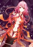  akira_(ying) bare_shoulders black_legwear breasts center_opening cleavage detached_sleeves elbow_gloves fingerless_gloves gloves guilty_crown hair_ornament hairclip long_hair looking_at_viewer medium_breasts navel pink_hair red_eyes solo thighhighs twintails yuzuriha_inori 