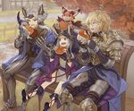  2boys :d animal_ears armor bangs belt bench blonde_hair blue_eyes boots breastplate cape cat_ears circlet cloak dragon dress dropping earrings ears_through_headwear eating erune fingerless_gloves food food_on_face gauntlets gloves granblue_fantasy greaves grey_eyes hair_between_eyes hair_tubes hamburger height_difference holding holding_food hood hooded_cloak jewelry long_hair looking_at_another loose_belt masakichi multiple_boys naoise open_mouth outdoors petite purple_eyes scathacha_(granblue_fantasy) seruel shoulder_armor side-by-side sidelocks silver_hair sitting smile spaulders tabard tree v-shaped_eyebrows vambraces vee_(granblue_fantasy) white_dress 