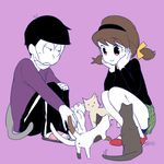  1girl alto168 bad_id bad_pixiv_id black_hair bowl_cut brown_hair cat hairband hands_on_own_face jitome low_twintails matsuno_ichimatsu osomatsu-kun osomatsu-san purple_background sandals short_twintails single_vertical_stripe sitting skirt smile squatting surgical_mask turtleneck twintails yowai_totoko 