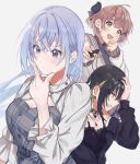  3girls absurdres black_hair black_jacket blonde_hair blue_hair blush breasts brown_hair clenched_teeth cometik_(idolmaster) commentary_request dress ear_piercing earrings grey_dress hand_on_own_chin hanetsuka highres idolmaster idolmaster_shiny_colors ikaruga_luca ikuta_haruki jacket jewelry looking_ahead looking_at_viewer medium_breasts multicolored_hair multiple_girls piercing pinafore_dress profile shirt simple_background sleeveless sleeveless_dress stroking_own_chin suzuki_hana teeth two-tone_hair upper_body white_background white_shirt 