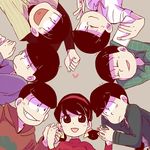  6+boys ;3 alto168 bad_id bad_pixiv_id baseball_uniform black_hair bowl_cut brothers flannel grey_background hairband heart heart_in_mouth highres holding_hands hood hoodie low_twintails matsuno_choromatsu matsuno_ichimatsu matsuno_juushimatsu matsuno_karamatsu matsuno_osomatsu matsuno_todomatsu multiple_boys one_eye_closed osomatsu-kun osomatsu-san plaid self_shot sextuplets short_twintails siblings simple_background smile sportswear turtleneck twintails upper_body v yowai_totoko 