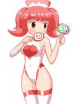  a-ktoo bandages candy food hat highres leotard lollipop milk_(pop'n_music) nurse nurse_cap pop'n_music red_eyes red_hair solo standing swirl_lollipop thighhighs twintails 