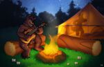 anatomically_correct anatomically_correct_genitalia anthro bass_guitar bear bjorn_twopaw brown_body campfire camping genitals guitar male mammal musical_instrument nature night paws plucked_string_instrument saylir singing solo string_instrument