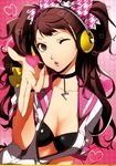  artist_request black_swimsuit bow breasts brown_eyes brown_hair cleavage hair_bow headphones heart highres kujikawa_rise long_hair medium_breasts nail_polish official_art one_eye_closed persona persona_4 persona_4:_dancing_all_night persona_dancing pink_background solo swimsuit twintails 