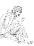  :d bare_shoulders bat_wings capri_pants demon_girl demon_horns demon_tail draco_centauros dragon_girl dragon_horns dragon_tail dragon_wings elbow_gloves gloves greyscale horns lips looking_at_viewer monochrome oda_takayuki open_mouth pants pointy_ears puyopuyo shoes short_hair sitting smile solo tail waving wings 