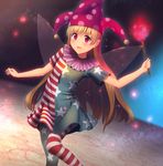  american_flag_dress american_flag_legwear bad_id bad_pixiv_id blonde_hair blush clownpiece dress ears embers fairy_wings hat highres jester_cap long_hair looking_at_viewer mikomiko_(mikomikosu) moon open_mouth pantyhose perspective purple_eyes short_dress short_sleeves smile solo space sparkle striped striped_dress torch touhou very_long_hair wings 