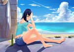  air_lian bare_shoulders barefoot beach black_hair blue_sky bottle cloud cup day drinking_glass green_eyes hand_on_own_head hat highres light_smile long_hair nico_robin ocean one_piece outdoors shirt shorts sitting sky skyline smile solo straw_hat t-shirt wine_bottle wine_glass 