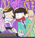  black_hair bowl_cut brown_hair buck_teeth closed_eyes driving facial_hair formal heart heart_in_mouth highres iyami male_focus matsuno_juushimatsu multiple_boys mustache netoro osomatsu-kun osomatsu-san popped_collar purple_suit smile suit sweatdrop translation_request 