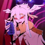 avian blu3e_by electronics fan_character male microphone open_mouth red_sclera rise_of_the_teenage_mutant_ninja_turtles sharp_teeth solo stage_lights teenage_mutant_ninja_turtles teeth valentine_(blu3e_by)