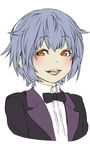  :d androgynous blue_hair blush bow bowtie character_request formal lavender_hair oda_takayuki open_mouth orange_eyes original short_hair silver_hair simple_background smile solo suit white_background 
