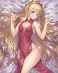  absurdres armpits bare_arms bare_shoulders bed_sheet blonde_hair blush breasts cagliostro_(granblue_fantasy) china_dress chinese_clothes cleavage_cutout collarbone covered_navel cow crown dress eyelashes granblue_fantasy grey_eyes highres hips long_hair looking_at_viewer lying no_panties on_back oukawa_yuu pelvic_curtain purple_eyes red_dress side_slit sleeveless small_breasts solo thighs very_long_hair 
