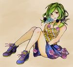  colored_pencil_(medium) flower full_body green_eyes green_hair hair_bobbles hair_ornament highres hirose_yasuho jojo_no_kimyou_na_bouken jojolion multiple_tails renren_(suiren-ame) rose shoes sitting skirt sneakers solo tail tank_top traditional_media watercolor_(medium) watercolor_pencil_(medium) 