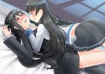  bed black_hair blush commentary finger_in_mouth girl_on_top hatsushimo_(kantai_collection) isokaze_(kantai_collection) kantai_collection licking_lips long_hair multiple_girls open_mouth red_eyes school_uniform skirt tears tongue tongue_out yuri zaki_(2872849) 