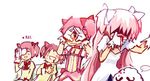  4girls ^_^ ^o^ anthony_(madoka_magica) blood blood_from_mouth blush bow camcorder choker closed_eyes dress familiar_(madoka_magica) gloves hair_bow hair_ribbon kaname_madoka long_hair long_sleeves magical_girl mahou_shoujo_madoka_magica multiple_girls multiple_persona nosebleed open_mouth peeking_through_fingers pink_eyes pink_hair recording red_bow ribbon school_uniform short_hair silverxp speech_bubble spoilers spoken_ellipsis twintails two_side_up ultimate_madoka upper_body white_background white_gloves 