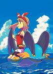  1girl black_shorts blue_sky bow brown_hair cloud cloudy_sky hair_bow highres looking_at_another may_(pokemon) open_mouth pokemon pokemon_(creature) pokemon_oras red_bow red_shirt riding riding_pokemon rowdon shirt shorts sky sleeveless sleeveless_shirt swampert swimming 