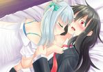  bare_shoulders bed black_hair blush closed_eyes commentary grey_hair hair_ribbon hatsushimo_(kantai_collection) kantai_collection kasumi_(kantai_collection) multiple_girls one_eye_closed open_mouth partially_undressed red_eyes ribbon school_uniform sucking yuri zaki_(2872849) 