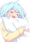  1girl absurdres ahoge alternate_costume blue_hair closed_eyes hair_flaps highres hololive hololive_dev_is hugging_object kishishi_(kishiman-ya) lightning_ahoge looking_at_viewer medium_hair mizumiya_su multicolored_hair open_mouth pajamas pillow pillow_hug pink_hair smile solo streaked_hair teeth upper_teeth_only virtual_youtuber yellow_pajamas 